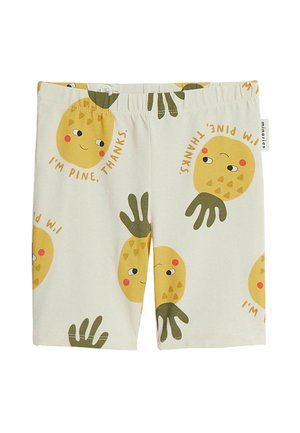 Børneshorts i cremefarvet med tegneserie-ananas med ansigter og grønne blade, og tekst der siger "I'm pine, thanks."
