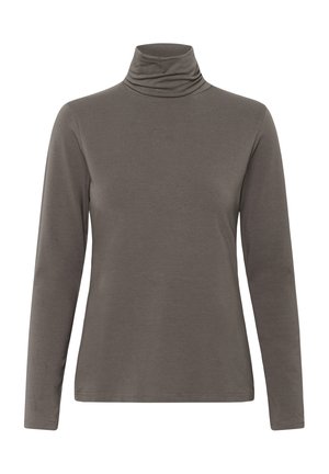 Grijze longsleeve coltrui, gemaakt van zachte stof. Heeft een relaxte pasvorm met een omgevouwen col en een gladde textuur.