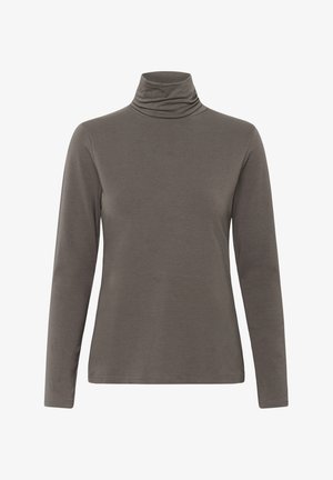 Long-sleeve turtleneck shirt in grey, made of soft fabric. Features a relaxed fit with a folded turtleneck and smooth texture.