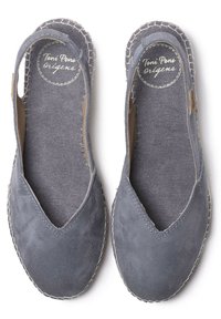 Grey leather espadrilles with a minimalistic design, open sides, and stitched accents. Features a textured fabric insole and rounded toe.