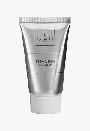 Zilverkleurige tube van Gisada Titanium douchegel met witte dop, voorzien van zwarte tekst en logo aan de voorkant.