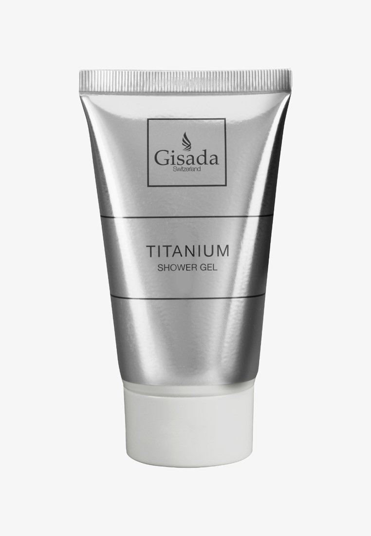 Silberne Tube mit Gisada Titanium Duschgel und weißem Verschluss, auf der Vorderseite mit schwarzem Text und Logo bedruckt.