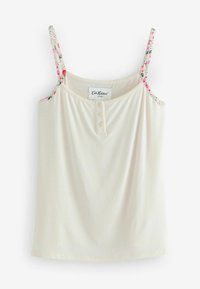 Camisole couleur crème avec des bretelles à motif floral, présentant un décolleté arrondi et une patte de boutonnage à l'avant avec trois boutons. Texture de tissu douce.