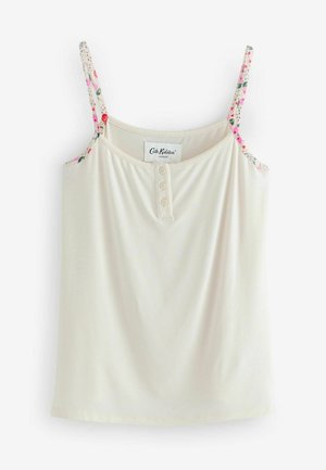 Krémová tílko s květinovými ramínky, s lodičkovým výstřihem a předním zapínáním na tři knoflíky. Měkká textilie.