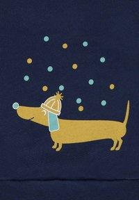 Illustration eines Dachshunds in Gelb auf navyblauem Stoff, der einen hellblauen Hut trägt. Farbige Punkte in Türkis und Gelb über dem Hund.
