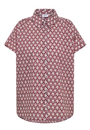 Kortærmet skjorte med knapper foran med rødt og hvidt geometrisk diamantmønster og en lille krave.