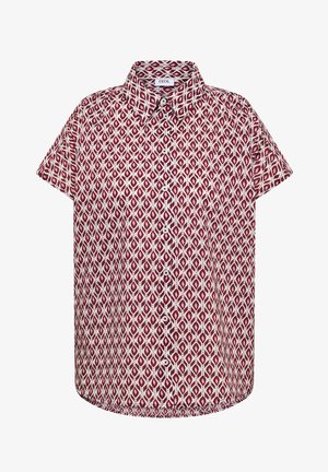 Short-sleeve button-up shirt with red and white geometric diamond pattern and a small collar.