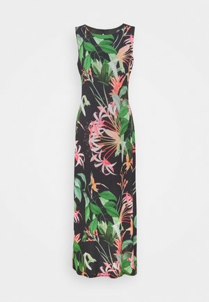 Robe maxi noire sans manches avec un motif floral tropical coloré, comprenant des feuilles vertes et des fleurs roses, orange et blanches.