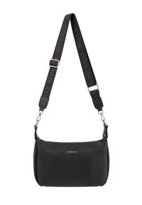 Borsa a spalla in pelle nera con finitura texturizzata. Presenta una tracolla in tessuto a contrasto con il logo "RYLKO" e dettagli in metallo argentato.