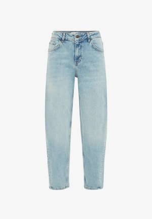 Jeans in denim azzurro chiaro con vestibilità ampia, dotati di cinque tasche, chiusura con bottone e delicati sbiadimenti. Accenti di cucitura distintivi.