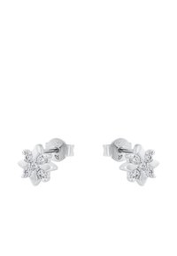 Pendientes de botón en forma de flor de plata, con cinco piedras preciosas transparentes en el centro, textura suave y acabado pulido.