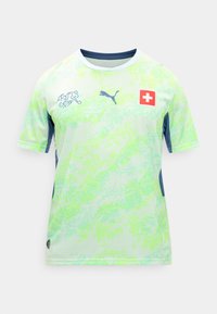Hellgrünes und weißes Schweizer Fußballtrikot mit marineblauem Puma-Logo, Schweizer Fahnenemblem und Wappen des Schweizer Fußballverbands auf der Vorderseite.