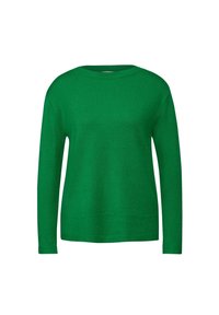 Pull vert en maille avec un col rond, des manches longues et des poignets côtelés, fabriqué en tissu doux à la texture lisse.