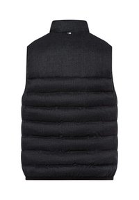 Schwarze Steppweste mit hohem Kragen und horizontalen Steppungen. Hergestellt aus einem strukturierten Stoff, mit einfarbigem Design und cleaner, minimalistischer Ästhetik.