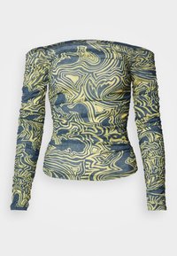 Long-sleeved, off-the-shoulder top in a blue and yellow abstract pattern, featuring a ruched design and stretchy fabric for a fitted shape.