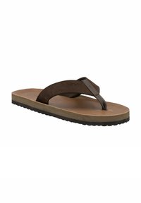 Brun flip-flop sandal med en struktureret øverste rem. Har en polstret brun fodseng og en robust sort gummisolet med et mønstret dæk.