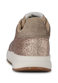 Glittery rose gold sneaker with a smooth, textured back, beige accents, and a white rubber sole, featuring a brand logo near the heel.