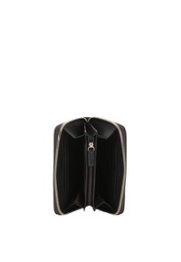 Black leather wallet with a zip closure, featuring multiple card slots, a zippered coin pocket, and gold-tone hardware accents.