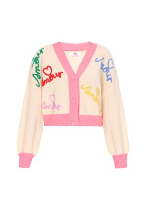 Kreemikardigan roosa äärisega, millel on mitmevärviline tikanditekst ja südamed. Nupukinnitus, lühendatud disain ja balloonis varrukad.