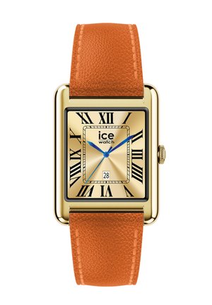 Reloj rectangular de oro con correa de cuero marrón, números romanos negros, agujas azules, ventana de fecha a las seis y texto "ice watch" en la esfera.