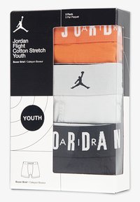 Drei-Paket Jugend-Boxershorts aus Baumwolle in Orange, Weiß und Schwarz. Mit einem elastischen Bund und dem "Jordan"-Logo in kontrastierenden Farben.