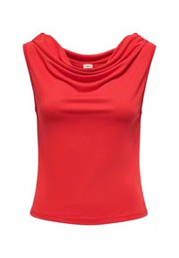 Haut sans manches rouge avec un col drapé, fabriqué en tissu lisse. Présente une silhouette ajustée et un ourlet net.