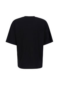 Schwarzes T-Shirt aus Baumwolle, mit lockerer Passform, kurzen Ärmeln, Rundhalsausschnitt und glatter Textur. Die Rückansicht zeigt ein einfaches Design.