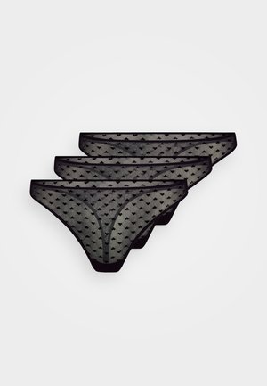 Black mesh panties in a pack of three, featuring a diamond pattern, with thin elastic edges and a smooth texture.