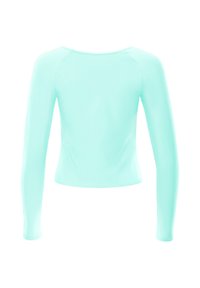 Helles Teal Langarmshirt, figurbetontes Design mit rundem Ausschnitt, glatter Textur und ohne sichtbare Beschläge oder Verzierungen.