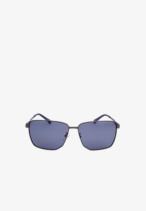 Lunettes de soleil à monture métallique noire avec verres rectangulaires teintés bleu foncé et branches fines sur fond blanc.