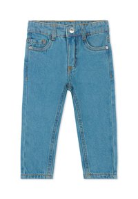 Pantaloni in denim azzurro chiaro con design a gamba dritta, dotati di cinque tasche e chiusura con bottone in metallo. Dettagli cuciti lungo le cuciture.