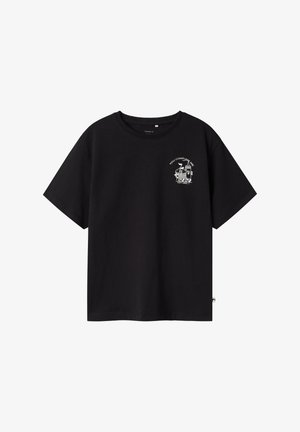 Black cotton t-shirt with a crew neck. Features a white graphic print on the chest and a side label. Short sleeves and relaxed fit.