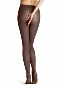 Collant opachi marroni, caratterizzati da una texture liscia e un design aderente, con una vita alta e costruzione senza cuciture.