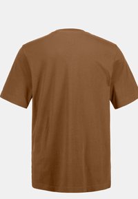 Camiseta de algodón marrón con cuello redondo y mangas cortas, con un diseño sencillo y una textura suave, mostrada desde la parte de atrás.