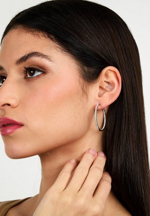 Orecchino a cerchio in argento con un design sottile, caratterizzato da una superficie testurizzata e piccoli accenti scintillanti. Visibile sull'orecchio del modello.