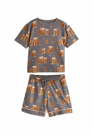 Gray cotton pajama set featuring short-sleeve top and shorts. Design includes repeated brown highland cow prints with green accents.