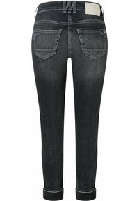 Dunkelgraue Jeans aus Denim mit figurnahem Design, elastischem Bund, fünf Taschen und umschlagenen Knöcheln. Glatte Textur und minimale Details.