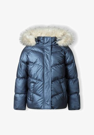 Veste d'hiver rembourrée bleu marine avec une capuche doublée de fausse fourrure, dotée d'une fermeture éclair à l'avant, d'un design matelassé diagonal et de poches latérales.
