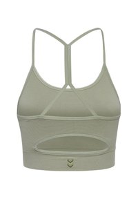 Ljusgrön sportbh med en texturerad tyg, korsade axelband, en bred bröstrem och ett cirkulärt utskärning på baksidan, med dekorativ sömnad.