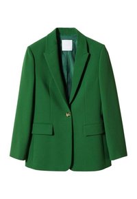 Grüne Blazerjacke mit tailliertem Design, einfacher goldener Knopfverschluss, spitz zulaufende Revers und zwei vorderen Taschen. Glattes Material und strukturierte Form.