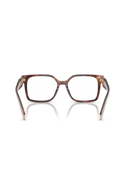Occhiali rettangolari marroni e tartaruga con una montatura spessa e dettagli in metallo argento sulle aste. Lenti trasparenti, design moderno.