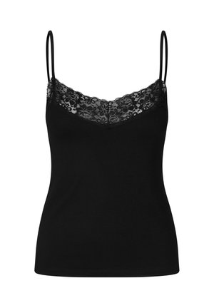 Schwarzes Damen-Top mit dünnen Schulterträgern und floraler Spitzenverzierung entlang des Ausschnitts, figurbetonter Schnitt, einfarbiger Stoffkörper.