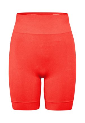 Spilgti sarkani, augsta vidukļa, bezšuvju riteņbraukšanas šorti ar vidū augšstilba garumu un gludu, elastīgu audumu.