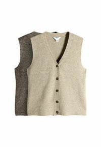 Dva bezrukávové kardigany, jeden béžový a druhý tmavošedý, majú výstrih do V, ribovanú textúru a šesť gombíkov po celej dĺžke prednej časti.