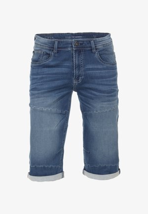 Denimshorts i mellemblå med opfoldede kanter, frontlommer og et falmet look. Har kontrastsyninger og en standard knaplukning.