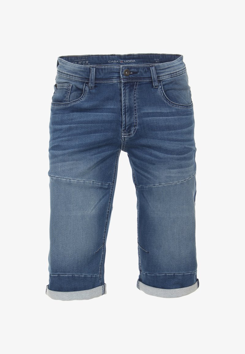 Denim korte broeken in medium blauw met omgeslagen zomen, voorzakken en een vervaagde wassing. Kenmerkt contraststiksels en een standaard knoopsluiting.