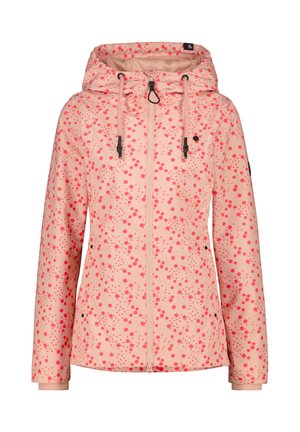 Light pink hooded jacket with front zipper and red polka dot pattern, featuring adjustable drawstrings and long sleeves.