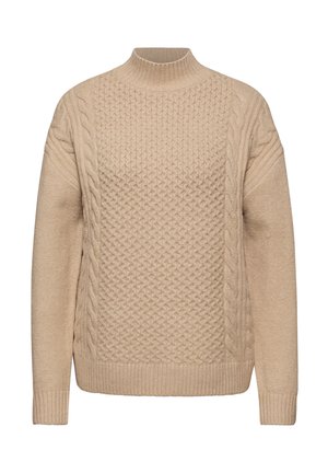 Maglione lavorato a maglia beige con collo alto, design a treccia testurizzato e polsini e orlo a costine. Tessuto morbido e caldo con vestibilità rilassata.