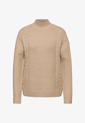 Maglione lavorato a maglia beige con collo alto, design a treccia testurizzato e polsini e orlo a costine. Tessuto morbido e caldo con vestibilità rilassata.