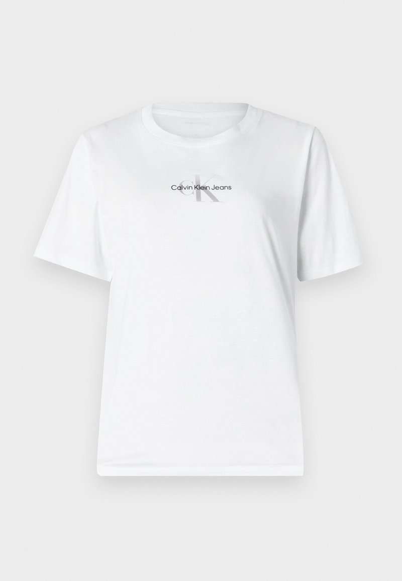 White cotton t-shirt with short sleeves, round neckline, and a printed "Calvin Klein Jeans" logo in gray across the chest.